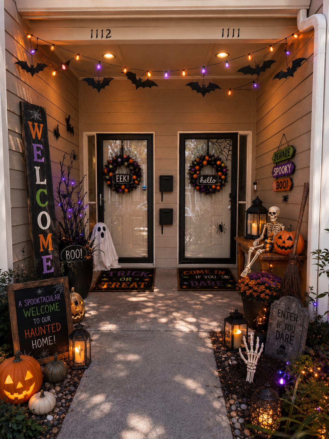 Halloween double-door porch with pumpkins, ghosts, bats, and spooky welcome decor