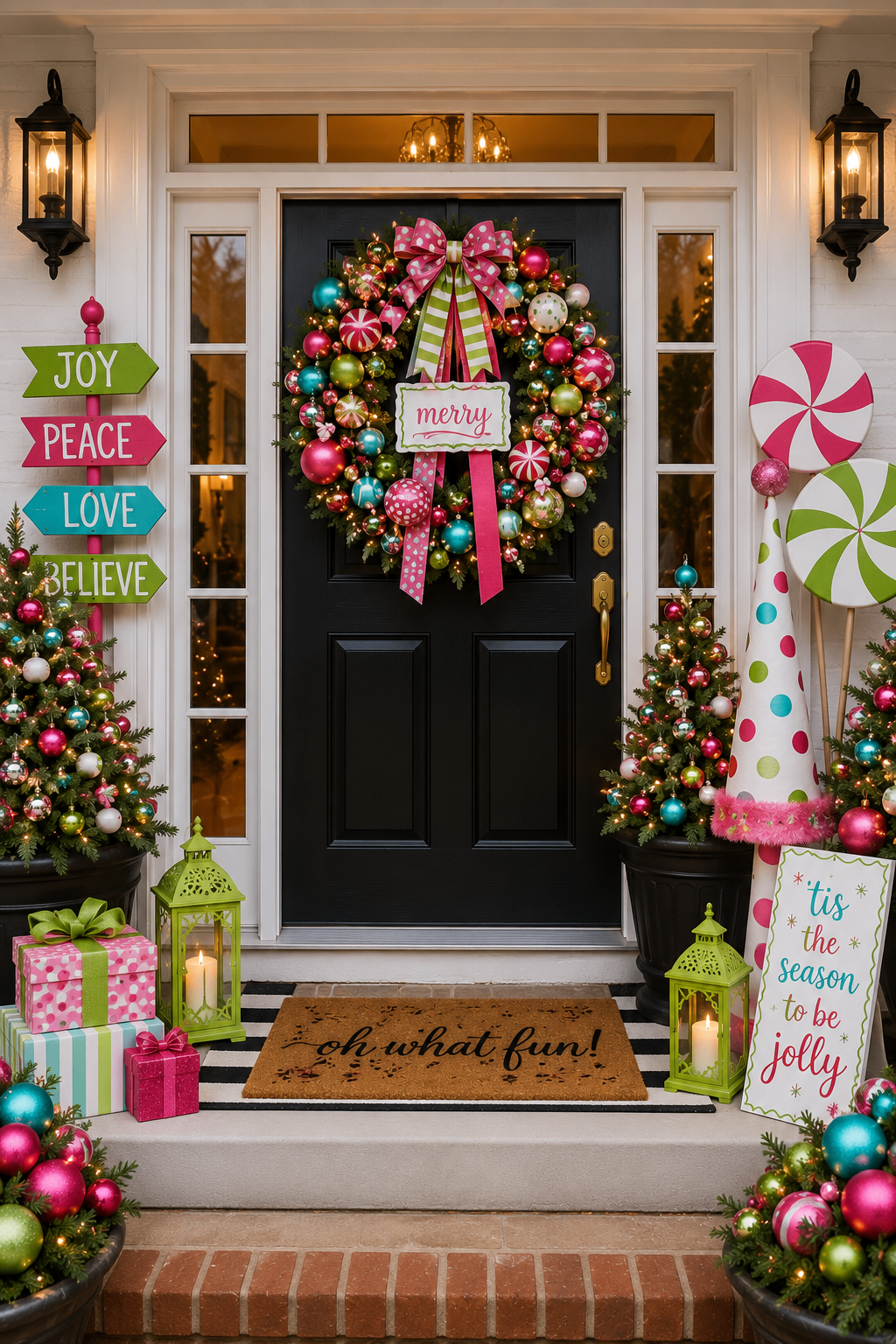 Whimsical holiday front door with colorful wreath, candy decor, and bright ornaments