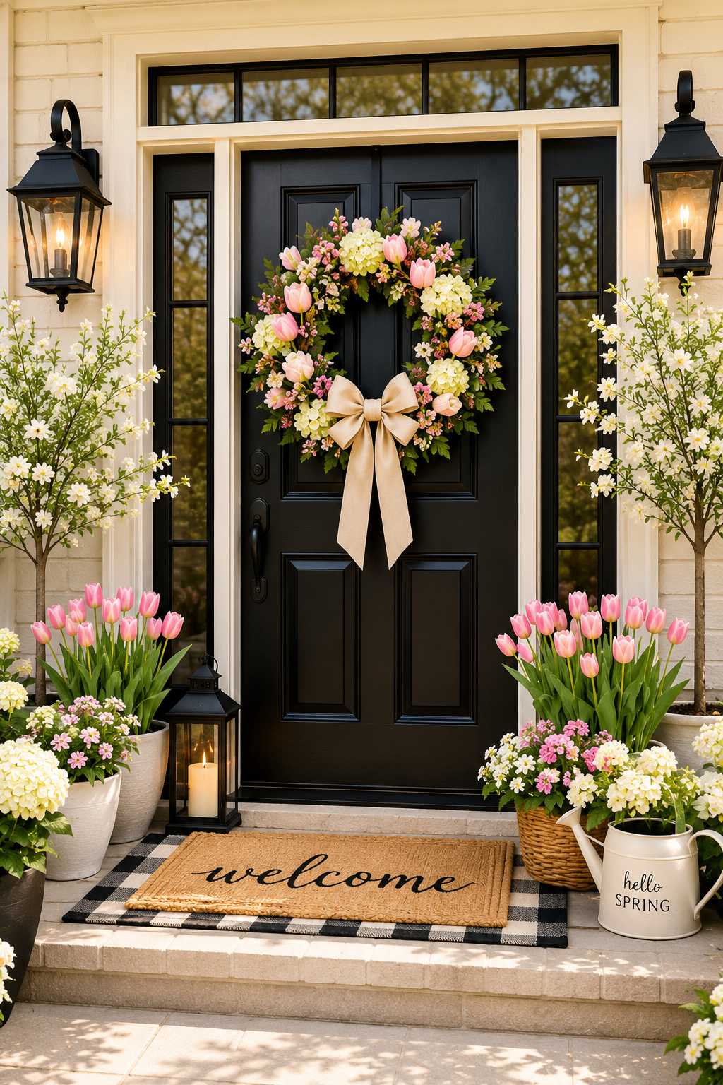 Black door with pink tulip wreath, tulip planters, and hello spring watering can