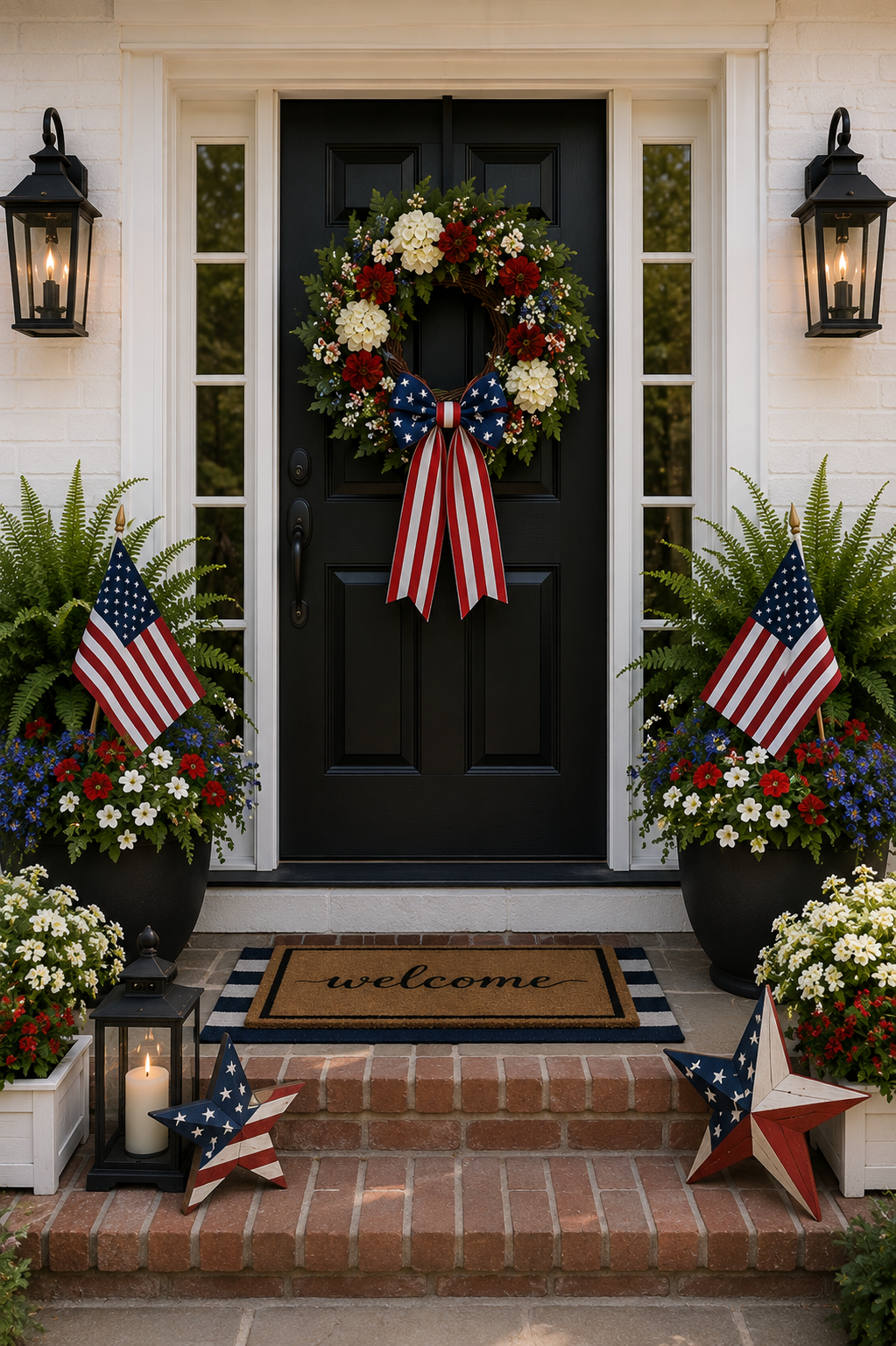 Patriotic black door with red, white, and blue wreath, flags, and welcome mat
