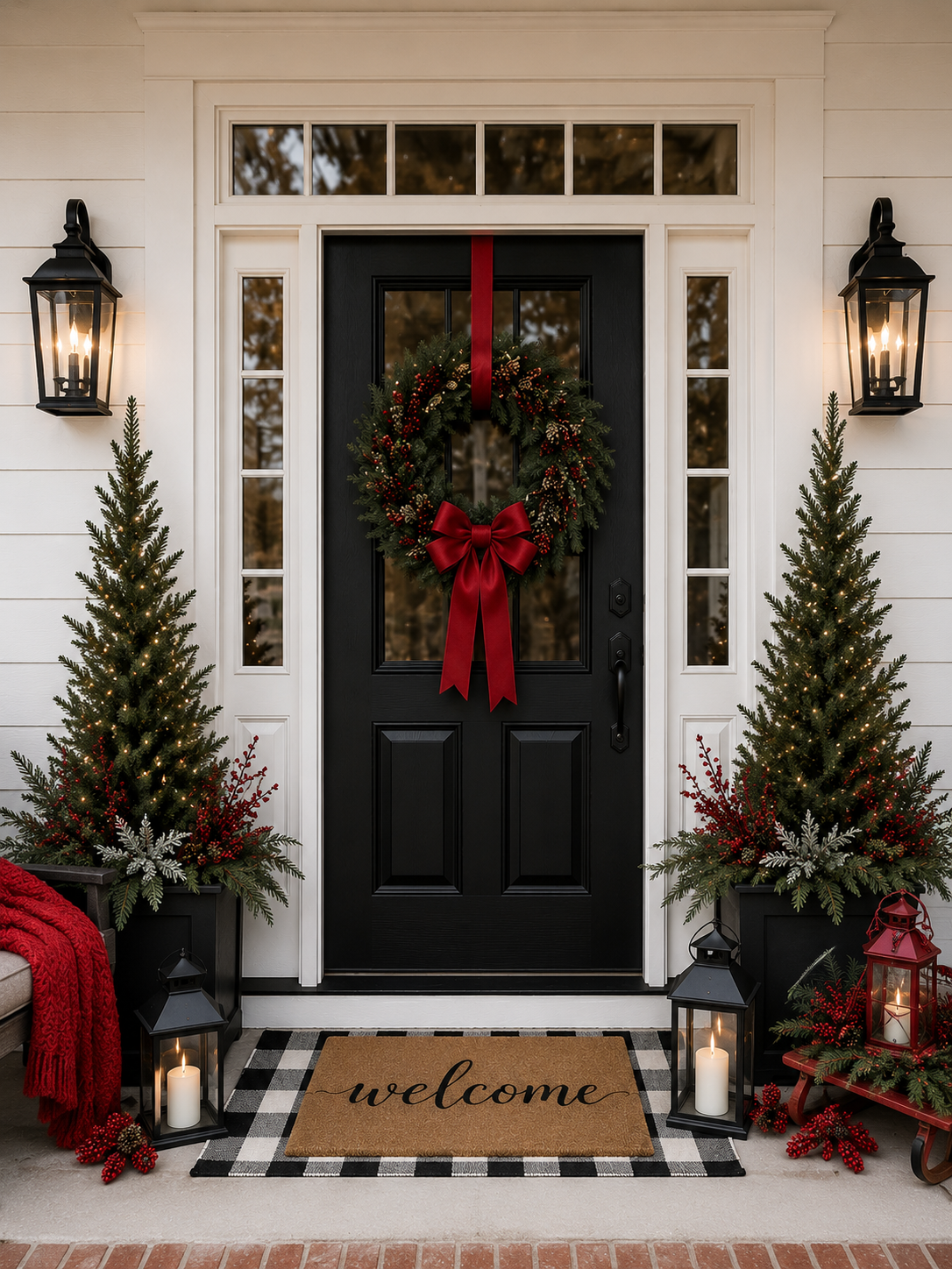 Classic winter black door with red bow wreath, lit evergreens, and lanterns