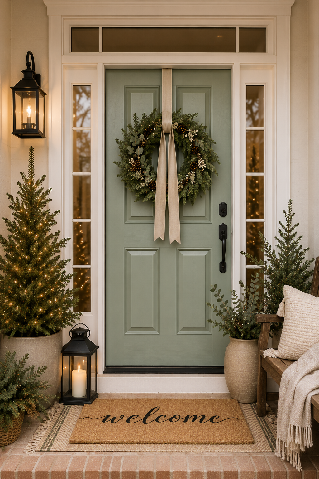 Soft sage green winter door with natural wreath, evergreen accents, and cozy seating