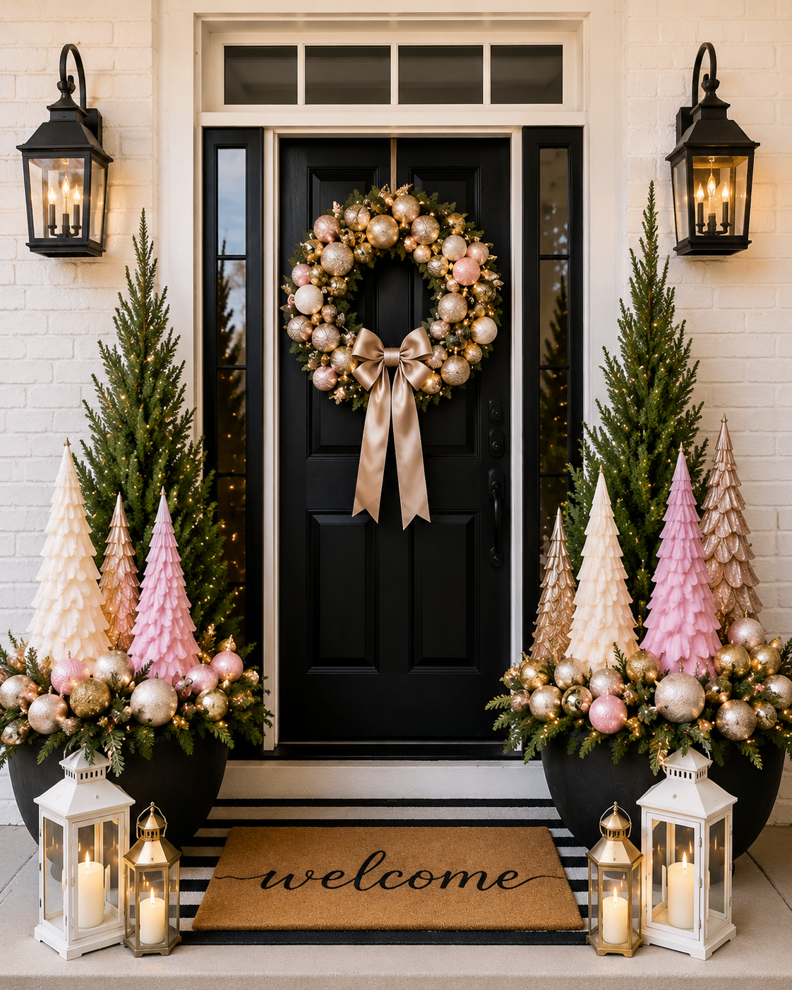 Black front door with pink and gold winter ornaments, wreath, trees, and lanterns