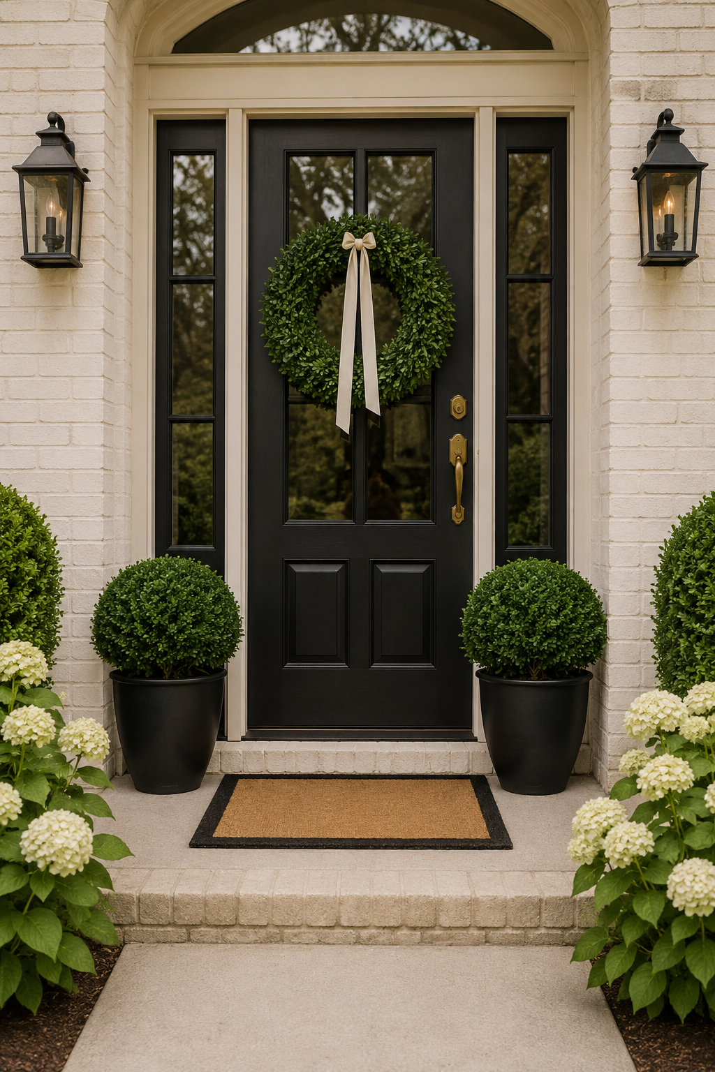 Classic black door with boxwood wreath, topiaries, and hydrangeas