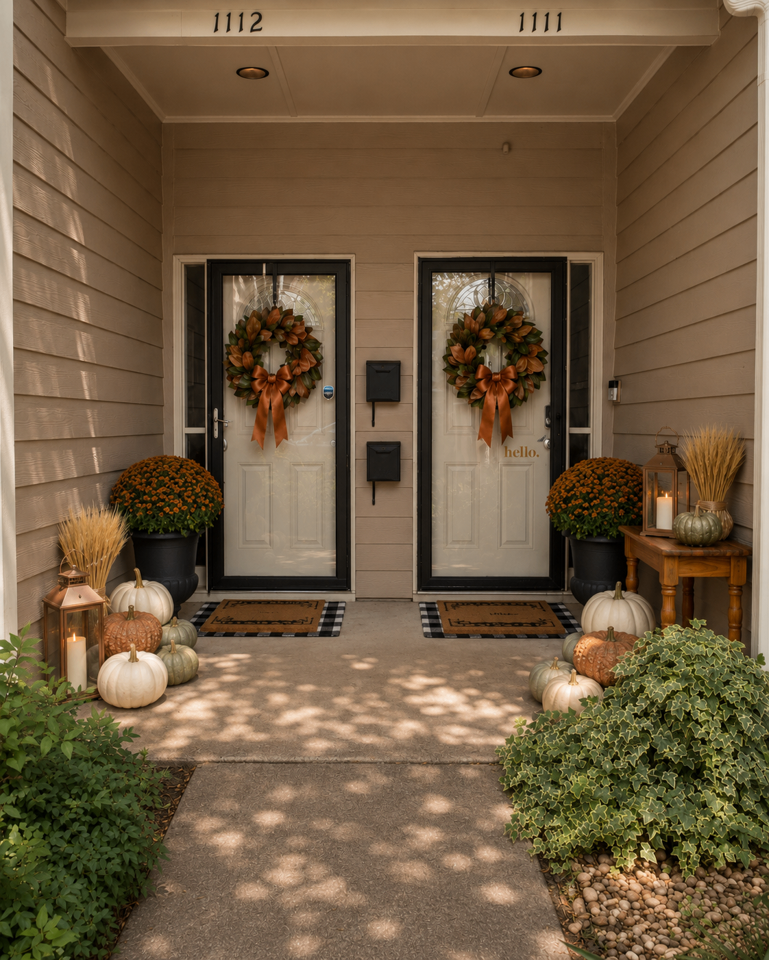 Grand double-door entry with symmetrical pumpkins and wreaths