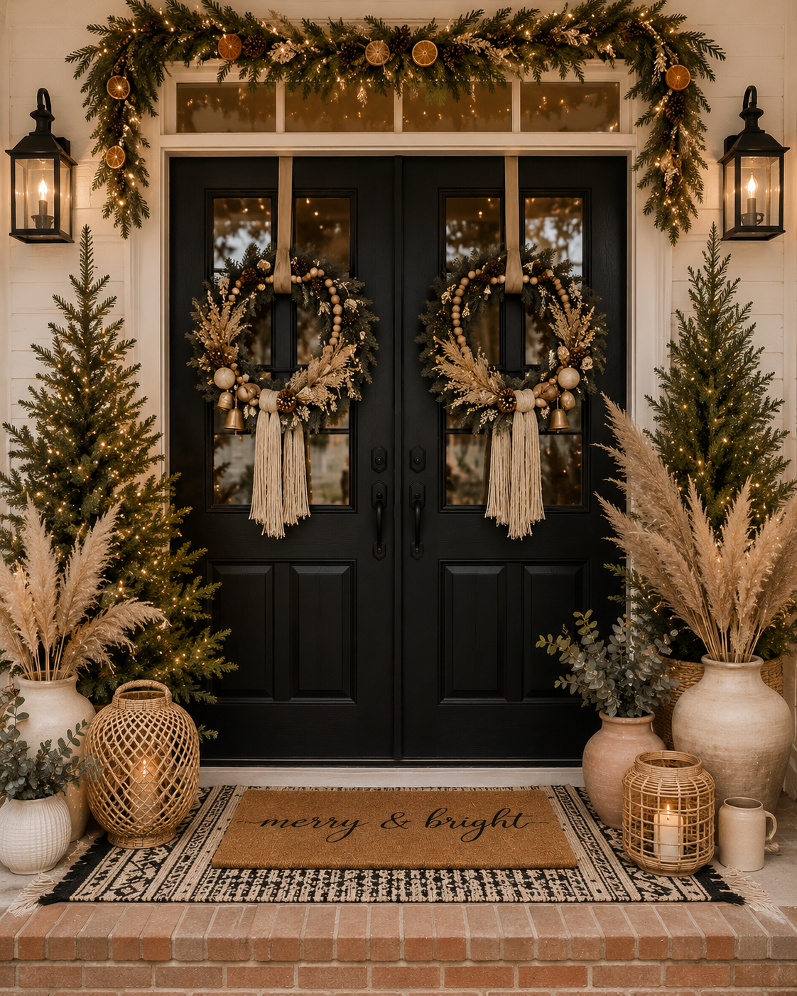 Neutral winter double-door styling with layered garland, wreaths, and warm lanterns