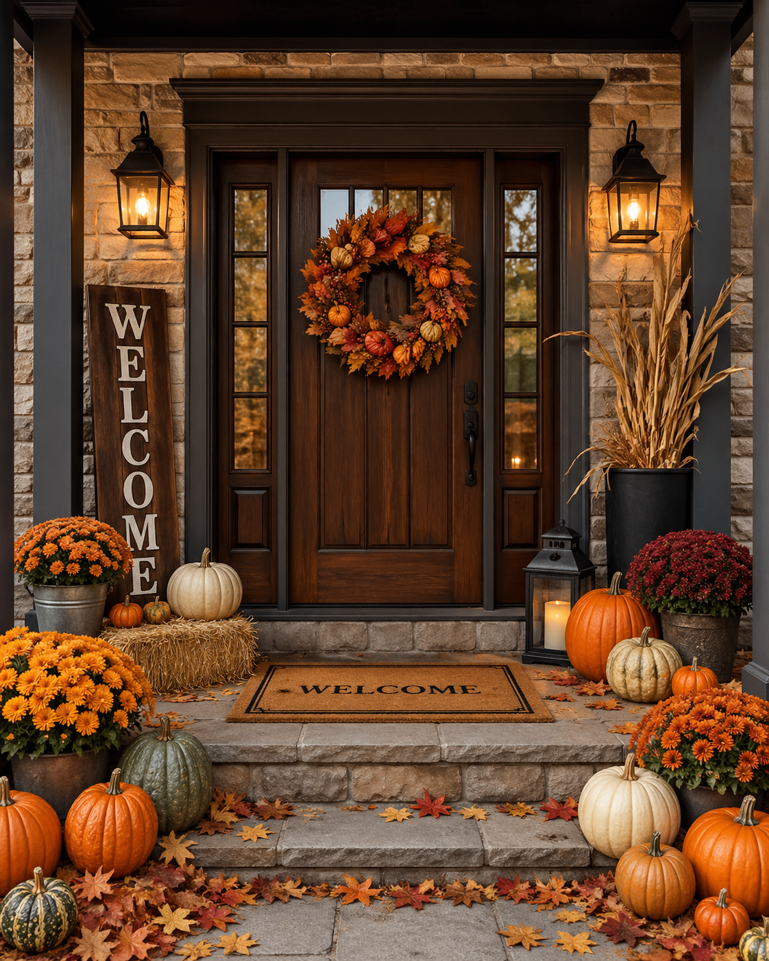 Wooden door with fall wreath, pumpkins, mums, and welcome sign