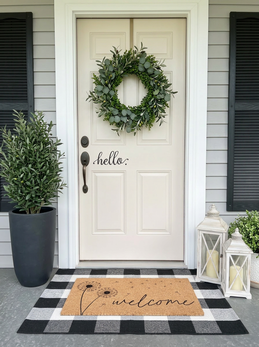 Front door styled with layered doormats and white wreath