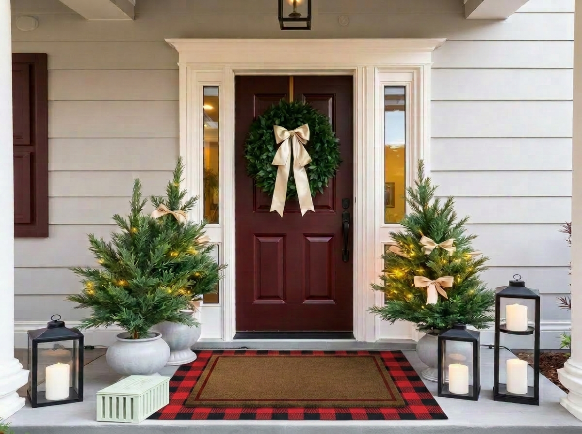 Classic Christmas door with wreath and lanterns
